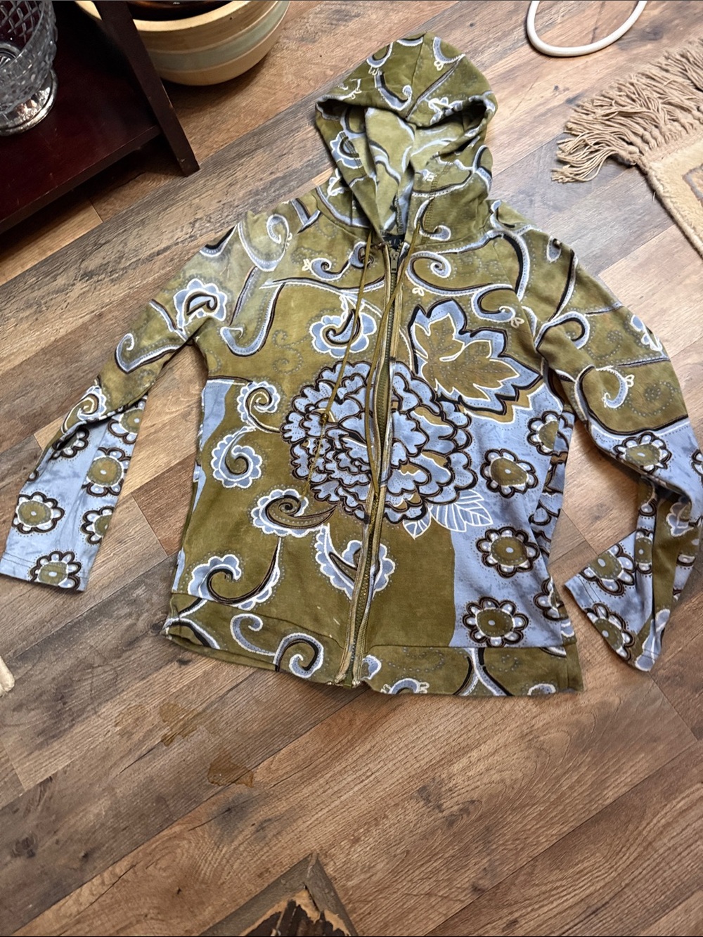 Nikibiki Olive Green and Light Blue Floral Zip Hoodie